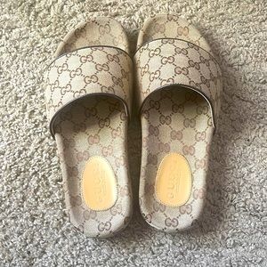 Beige Canvas GG Slide Sandals